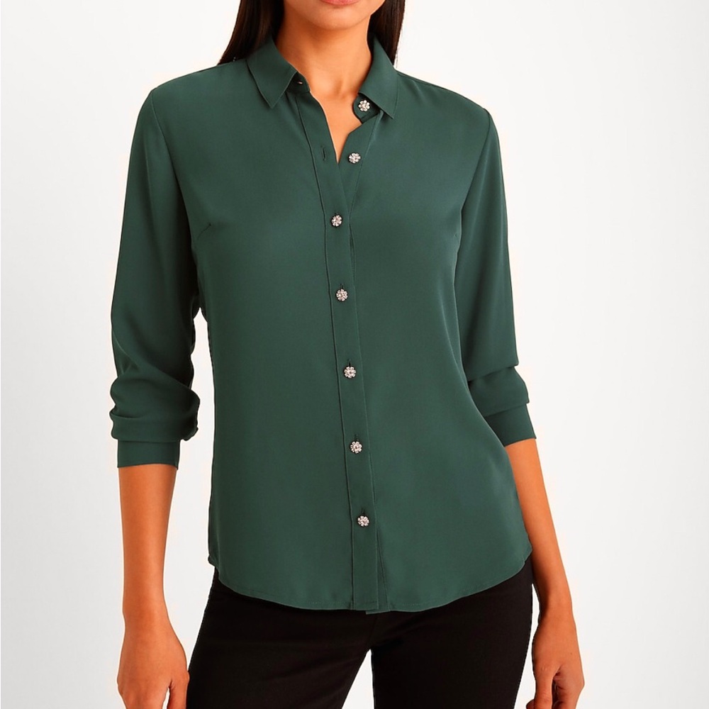 Express Dark Green Relaxed Rhinestone Button Portofino Shirt Blouse XS X-small